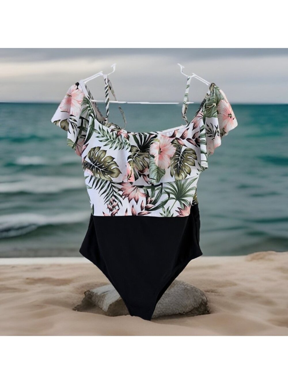PATPAT Women’s One-Piece Swimsuit Sz XL Tropical Floral Off Shoulder Ruffle Neck